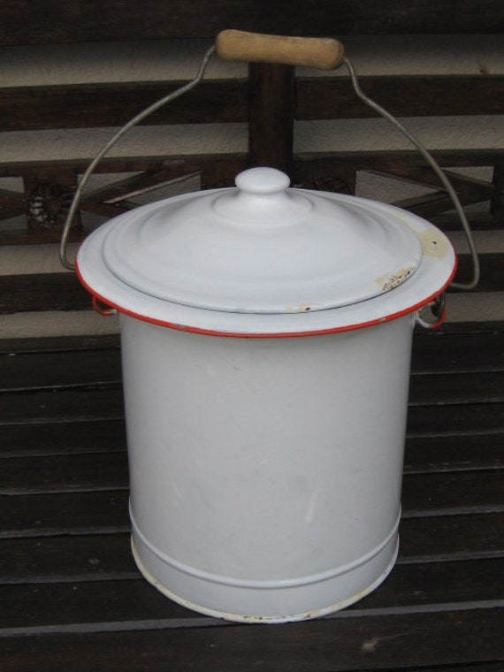 Vintage Émail Blanc Français Était Seau avec Couvercle.