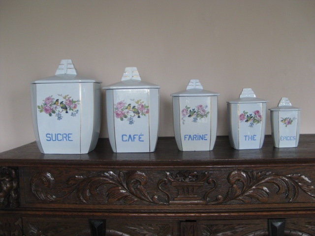 Français Art Déco Set de 5 Casseroles L'inventaire Poterie Bleu Clair.