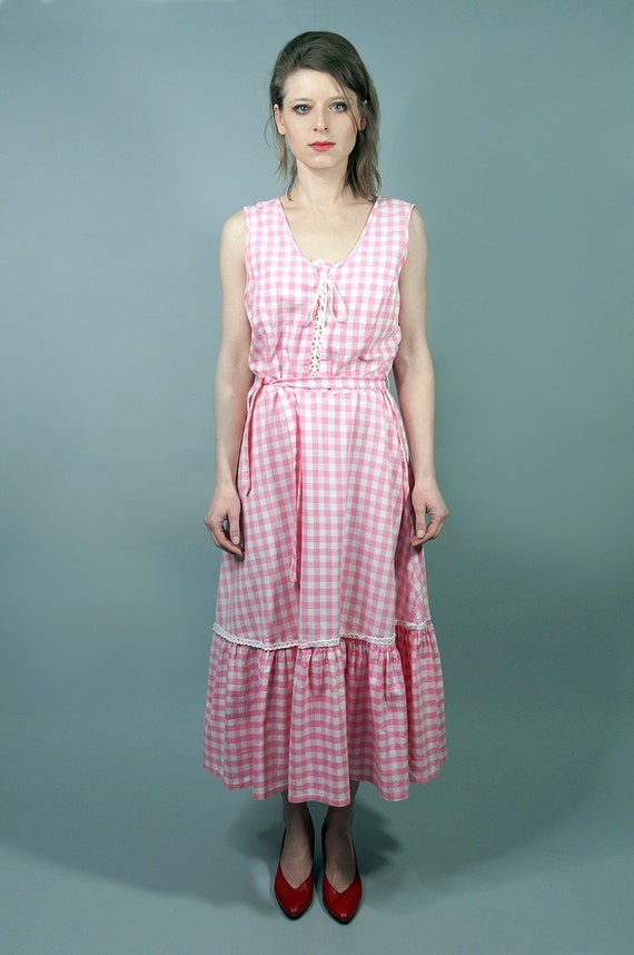 70s Dress.Vintage Pink Cotton Checkered Dress,Day