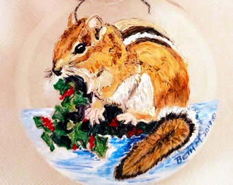 Chipmunk Christmas Ornament, Chippie in Holly Ornament, Chipmunk Ornament