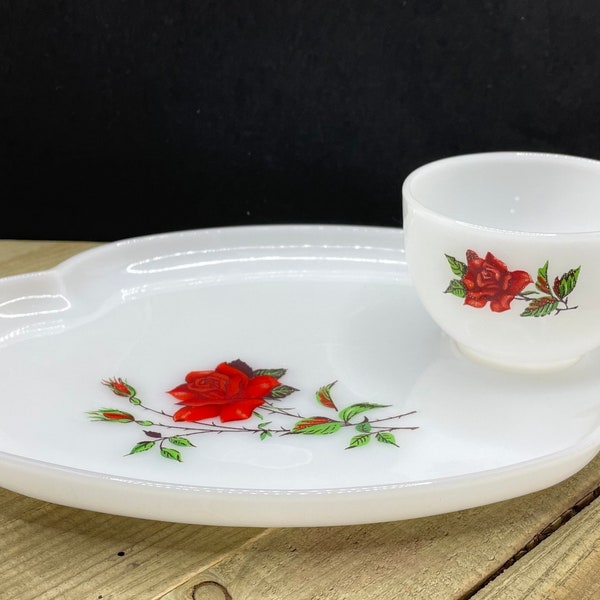 Milk Glass & Rose Luncheon Snack Plate with Teacup-Set of 2