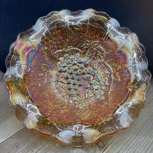 Iridescent Marigold Carnival Glass Grape and Leaf Ruffle Bowl