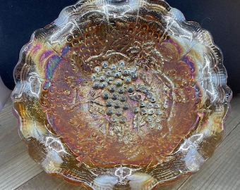 Iridescent Marigold Carnival Glass Grape and Leaf Ruffle Bowl