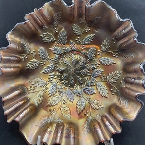 Antique Fenton Holly Purple Iridescent Carnival Glass 3-In-1 Ruffle Bowl
