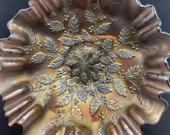 Antique Fenton Holly Purple Iridescent Carnival Glass 3-In-1 Ruffle Bowl