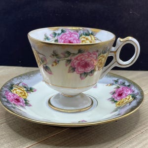 Royal Sealy Mint and Gold Floral Footed Teacup with Saucer-Japan