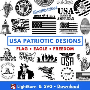 100 VS thema-afbeeldingen, handgetekende, Lightburn Art Library & SVG-bestanden, 4 juli, patriottisch, vlag, adelaar, vrijheid 1776, Don't Tread on Me