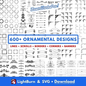 Meer dan 600 ornamenten, lijnen, scrollen, tekstscheidings-, rand- en hoekontwerpen, handgetekende, Lightburn-kunstbibliotheek Digitaal bestand downloaden/SVG-bestanden