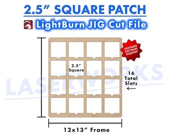 Square Leather Patch Engraving Jig, 2.5 inch, LightBurn Digital File, 16 Grid Square Template Guide - xtool omtech laser CO2, 10w, 20w, 40w