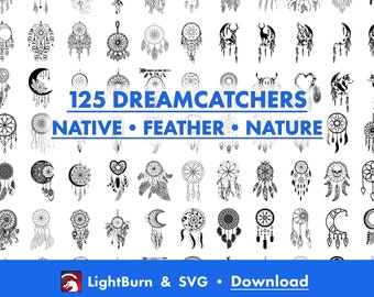 125 ontwerpen voor dromenvanger: veren, dieren en inheemse soorten | LightBurn-kunstbibliotheek en SVG-bestanden (digitale download)