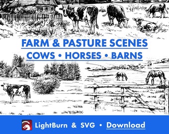 Farm and Pasture Scenes, Laser Ready, Hand Drawn, Lightburn Digital File Download & SVG Files, Cows, Horses, Ranch, Land, Wall Art, Picture