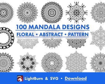 100 mandala-ontwerpen: bloemen abstract | SVG- en Lightburn Art Library-bestanden (digitale download)