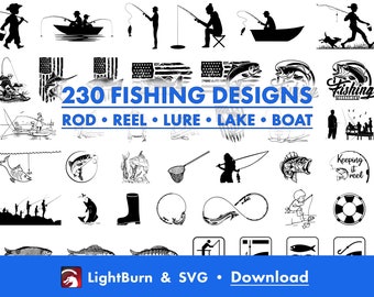 Puede incluir: Una colección de 230 diseños SVG de pesca en blanco y negro. Los diseños incluyen peces, cañas de pescar, carretes, señuelos, barcos y otras imágenes relacionadas con la pesca. El texto "LASERWORKS" y "230 FISHING DESIGNS" se muestra en azul. El texto "ROD REEL LURE LAKE BOAT" se muestra en negro. El texto "Keeping it reel" se muestra en negro. El texto "LightBurn & SVG Download" se muestra en azul.