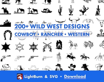 220+ ontwerpen voor het wilde westen: cowboy, rancher en western (LightBurn-kunstbibliotheek en SVG-bestanden)