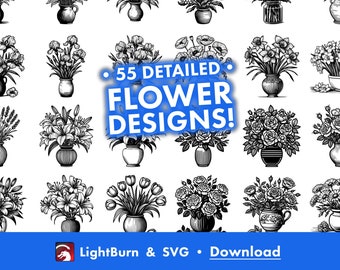 Ontwerpen bloemenvazen: handgetekend | LightBurn-kunstbibliotheek en SVG-bestanden (digitale download)