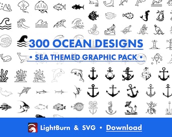 300 oceaanontwerpen | LightBurn-kunstbibliotheek en SVG-bestanden (digitale download)