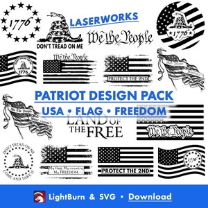 Diseños de patriotas de EE. UU., dibujados a mano, biblioteca de arte Lightburn y archivos SVG, patriótico, bandera, 2.º aniversario, libertad, 1776, no me pisen, nosotros, el pueblo