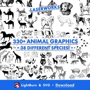 330+ dieren, overzicht, handgetekend, realistisch en silhouet, Lightburn-kunstbibliotheek digitaal bestand downloaden en SVG-bestanden, hert, vogel, beer, enz