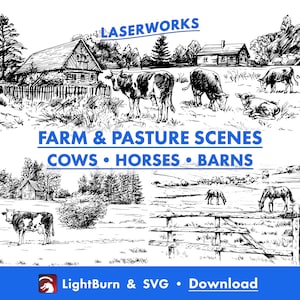Scènes de ferme et de pâturage, prêt pour le laser, dessiné à la main, téléchargement de fichier numérique Lightburn & fichiers SVG, vaches, chevaux, ranch, terre, art mural, photo