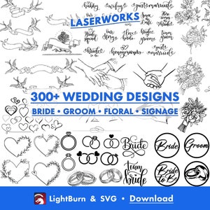 Oltre 340 grafiche per matrimoni, disegnate a mano, Lightburn Art Library, download di file digitali e file SVG, matrimonio, sposa, sposo, invito, festa, gruppo