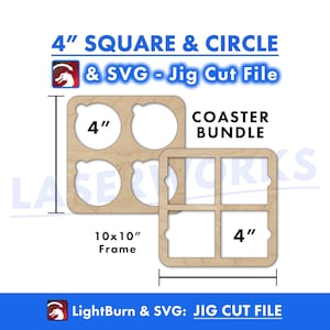 Gabarit de gravure de sous-bocks carrés et circulaires, 4 pouces, fichier SVG et LightBurn, guide des modèles de sous-bocks quadrillés - xtool omtech laser CO2