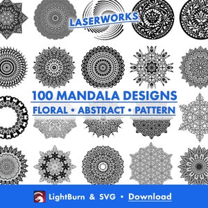 100 mandala-ontwerpen, handgetekend, omtrek en silhouet Lightburn-kunstbibliotheek digitaal bestand downloaden en SVG-bestanden, bloemen, abstract, tekening