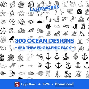 300 ontwerpen met oceaanthema, overzicht, Lightburn-kunstbibliotheek en SVG-bestanden, vis, golf, haai, zeemeermin, walvis, vuurtoren, anker, schildpad, krab