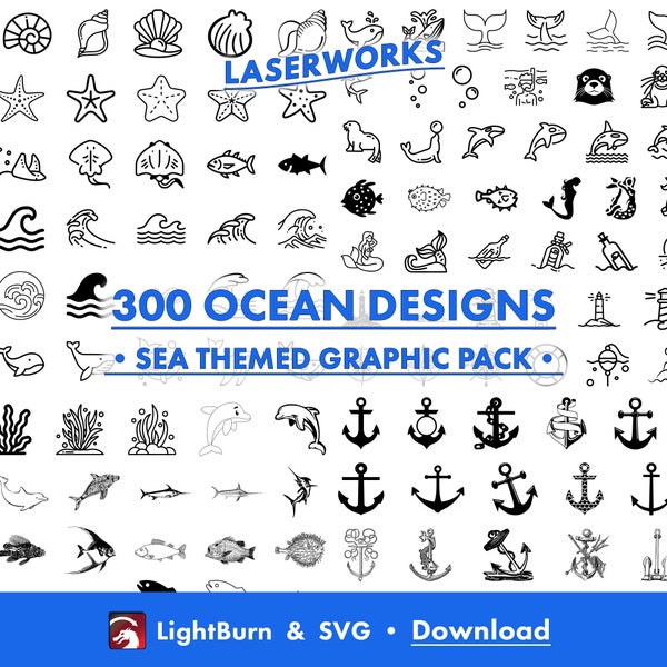 300 Ocean Themed Designs, Outline, Lightburn Art Library & SVG Files, Fish, Wave, Shark, Mermaid, Whale, Lighthouse, Anchor, Turtle, Crab