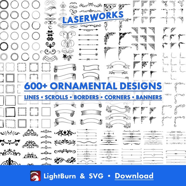 Über 600 Ornament-, Linien-, Scroll-, Texttrenner-, Rand- und Eckdesigns, handgezeichnet, Lightburn Art Library, digitaler Datei-Download / SVG-Dateien