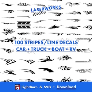 100 autostickers, Lightburn-kunstbibliotheek downloaden en SVG-bestanden, streep, vlam, penseel, lijn, dier, camper, vrachtwagen, auto, boot, lasergraveren, afdrukken