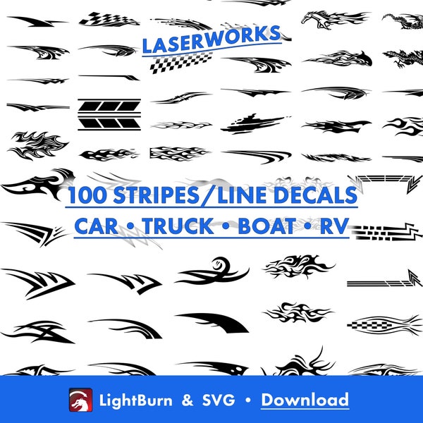 100 Auto Decals, Lightburn Art Library Download & SVG Files, Stripe, Flame, Brush, Line, Animal, RV, Truck, Car, Boat, Laser Engrave, Print