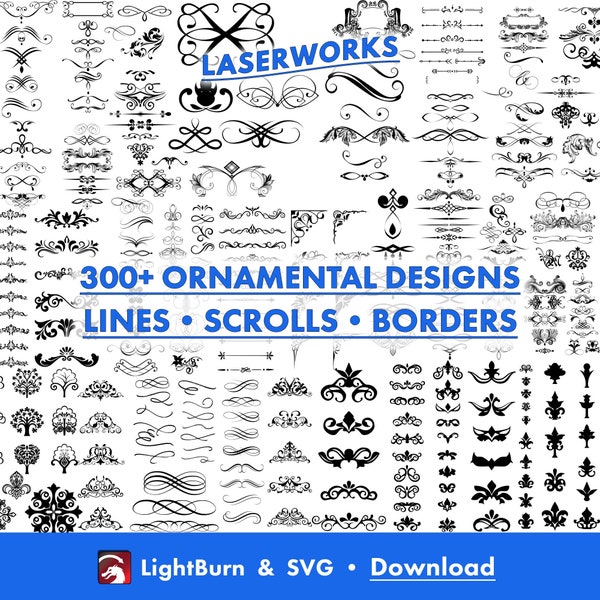 300+ Ziergrafiken, handgezeichnet, Lightburn Art Library Digital File Download & SVG-Dateien, Linien, Schriftrollen, Textteiler, Rahmen