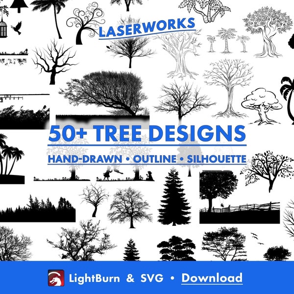 50 Tree Graphics, Hand Drawn, Outline, and Silhouette Lightburn Art Library Digital File Download & SVG Files, Branch, Forest, Bush, Timber