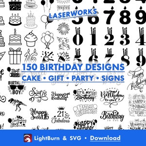 150 verjaardagsontwerpen, Lightburn-kunstbibliotheek en SVG-bestanden downloaden digitaal bestand, Feest, Taart, Feest, Taarttopper, Cijfers, Letters, 21, 16