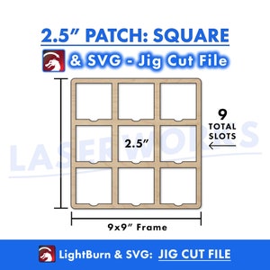 Könnte beinhalten: Eine digitale Download-Datei für einen quadratischen Patch-Halter mit 9 Fächern, der 23 cm x 23 cm misst. Der Halter ist für quadratische Patches mit einer Größe von 6,35 cm ausgelegt. Die Datei ist mit LightBurn- und SVG-Software kompatibel.