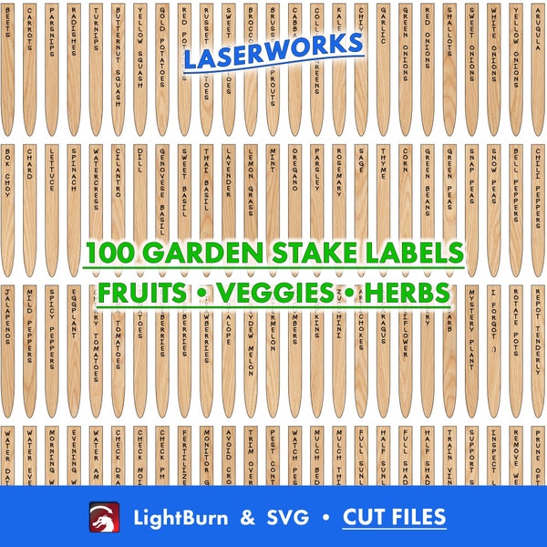 Garden Label Stakes Pack, 100 Lightburn & SVG files, Laser Machine Cut Files, High Quality, Pepper, Onion, Tomato, Potato, Herbs, Fruits