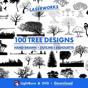 100 grafici di alberi, disegnati a mano, contorni e silhouette Lightburn Art Library Download di file digitali e file SVG, ramo, foresta, cespuglio, legname