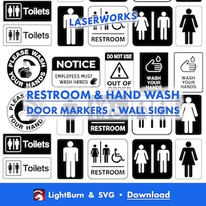 Toilet handen wassen markeringsborden, Lightburn Art Library digitaal bestand downloaden en SVG-bestanden, toilet, deur, muur, handicap, overzicht, silhouet