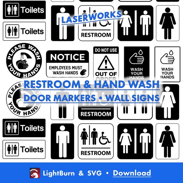 Restroom Wash Hands Marker Signs, Lightburn Art Library Digital File Download & SVG Files, Toilet, Door, Wall, Handicap, Outline, Silhouette