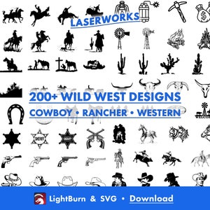 220 modèles du Far West, dessinés à la main, bibliothèque d'art Lightburn & fichiers SVG, Cowboy, éleveur, cheval, salon, bottes, chapeau, wagon, Western, Far West