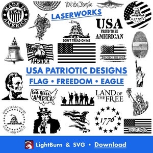 100 USA Themed Graphics, Hand Drawn, Lightburn Art Library & SVG Files, July 4th, Patriotic, Flag, Eagle, Freedom 1776, Don't Tread on Me