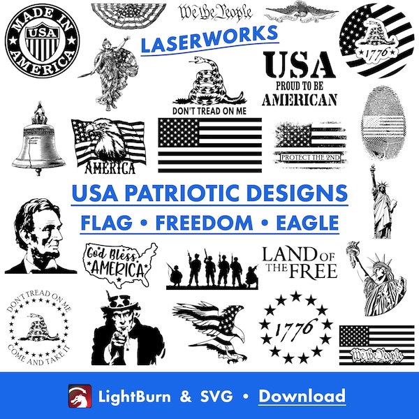 100 USA Themed Graphics, Hand Drawn, Lightburn Art Library & SVG Files, July 4th, Patriotic, Flag, Eagle, Freedom 1776, Don't Tread on Me