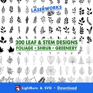 200 foglie e steli, disegnati a mano, ornamentali, Lightburn Art Library file digitali da scaricare e file SVG, vegetazione, fogliame, ramoscelli, arbusti
