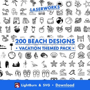 200 strandthema-ontwerpen, overzicht, Lightburn-kunstbibliotheek en SVG-bestanden, palm, drinken, ontspannen, surfen, zandkasteel, vakantie, schelp, zomer