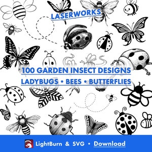 100 ontwerpen voor tuininsecten, Lightburn-kunstbibliotheek download en SVG-bestanden, vlinder, lieveheersbeestje, bij, hommel, overzichtssilhouet, lasergraveren