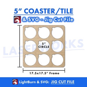 Circle Coaster Engraving Jig, 5 inch, SVG & LightBurn File, 9 Grid Cut Out Template Guide - xtool omtech thunder laser CO2, Round, Tile