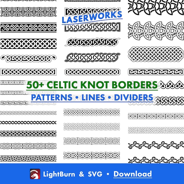 Plus de 50 motifs de bordure noeud celtique, contour, Silhouette Lightburn Art Library Téléchargement de fichier numérique et fichiers SVG, croix, druide, trèfles, patrimoine