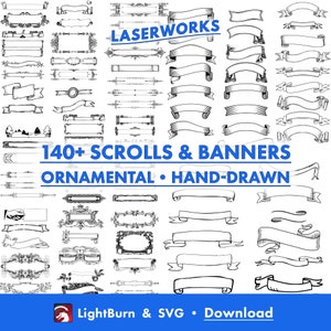 140+ banner- en scrollontwerpen, Lightburn-kunstbibliotheek digitaal bestand downloaden en SVG-bestanden, omtrek, titel, scheidingslijn, decoratie, lasergravure