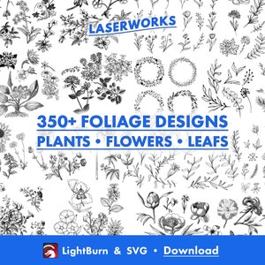 350+ bloemen, planten, handgetekend, sier, Lightburn-kunstbibliotheek digitaal bestand downloaden en SVG-bestanden, groen, gebladerte, potten, sappig