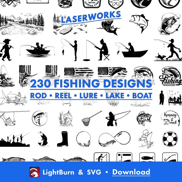 230 Fishing Graphics, Hand Drawn, Lightburn Art Library Digital File Download & SVG Files, Fish, Lures, Boating, Relaxing, Vacation, Lake
